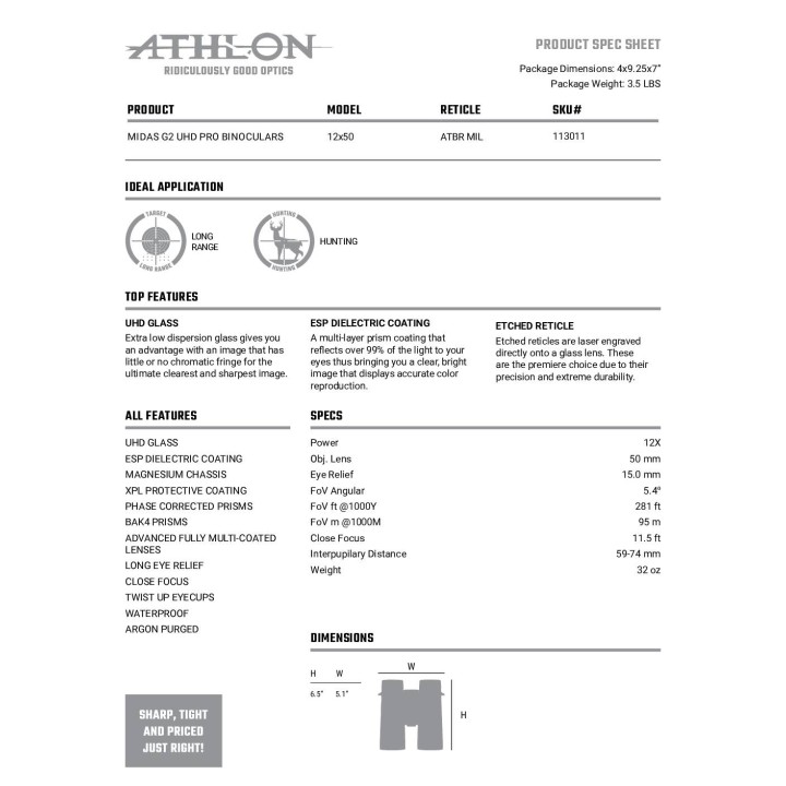 Athlon – Binocolo – MIDAS G2 PRO UHD 12×50 – RETICOLO ATBR MIL